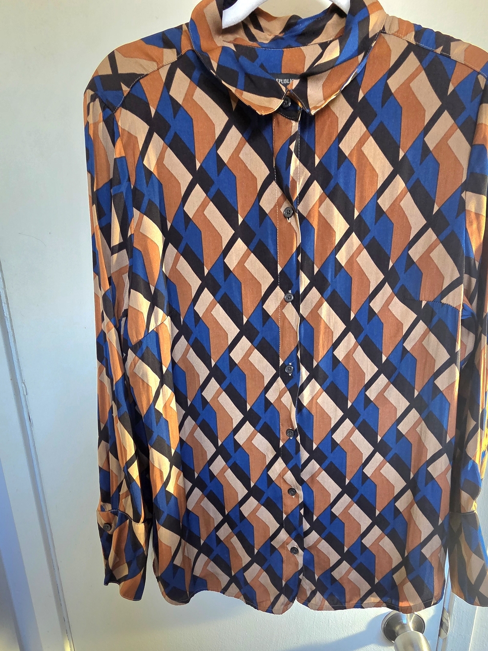 Geometric Print Long-Sleeve Shirt - Blue & Brown